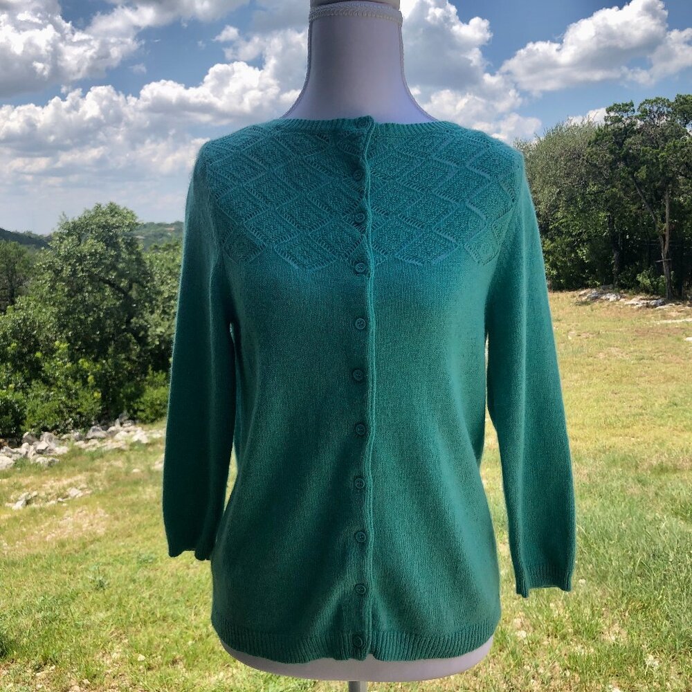 Turquoise Crewneck Cardigan Sweater Yoke Knit Forever 21 Womens Size L Casual